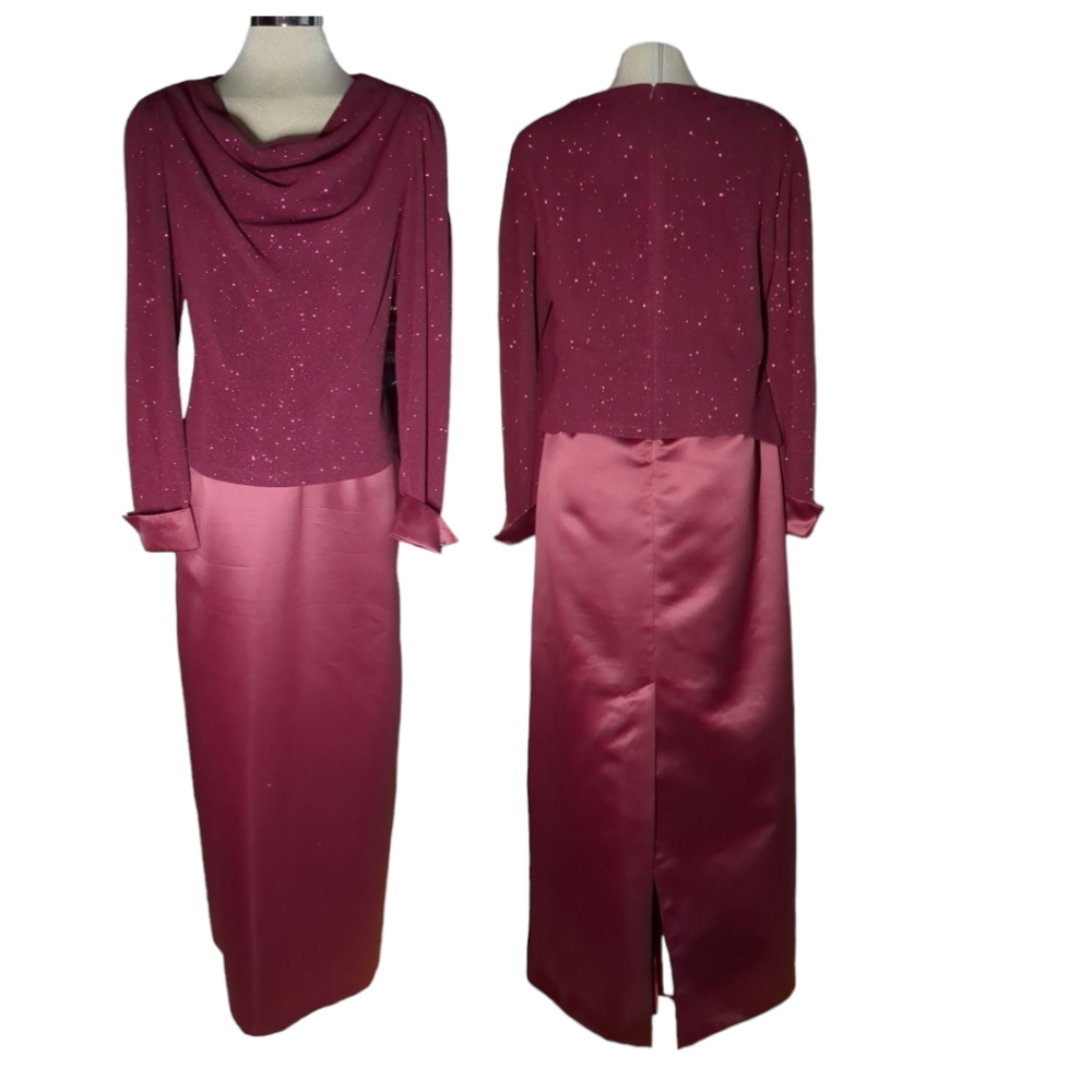 OBLIQUE Designer Luxury Satin and Sparkly Top Long Sleeve Cocktail Dress Size 16